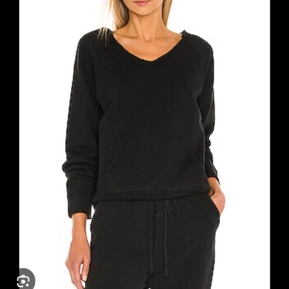 Nili Lotan Black V-Neck Pullover, Kangaroo Pocket, Small, Distressed.